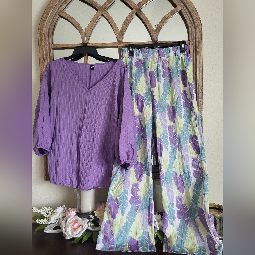 Purple Blouse and Leaf Print Pants Set